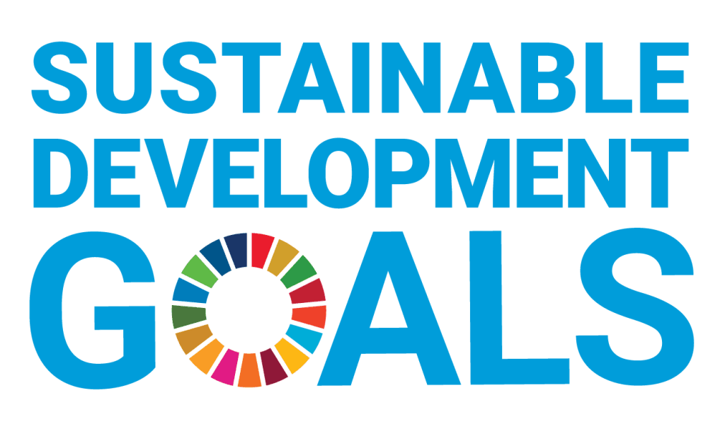 Sustainable Development Goals logo with a multicolored circular wheel and bold blue text.